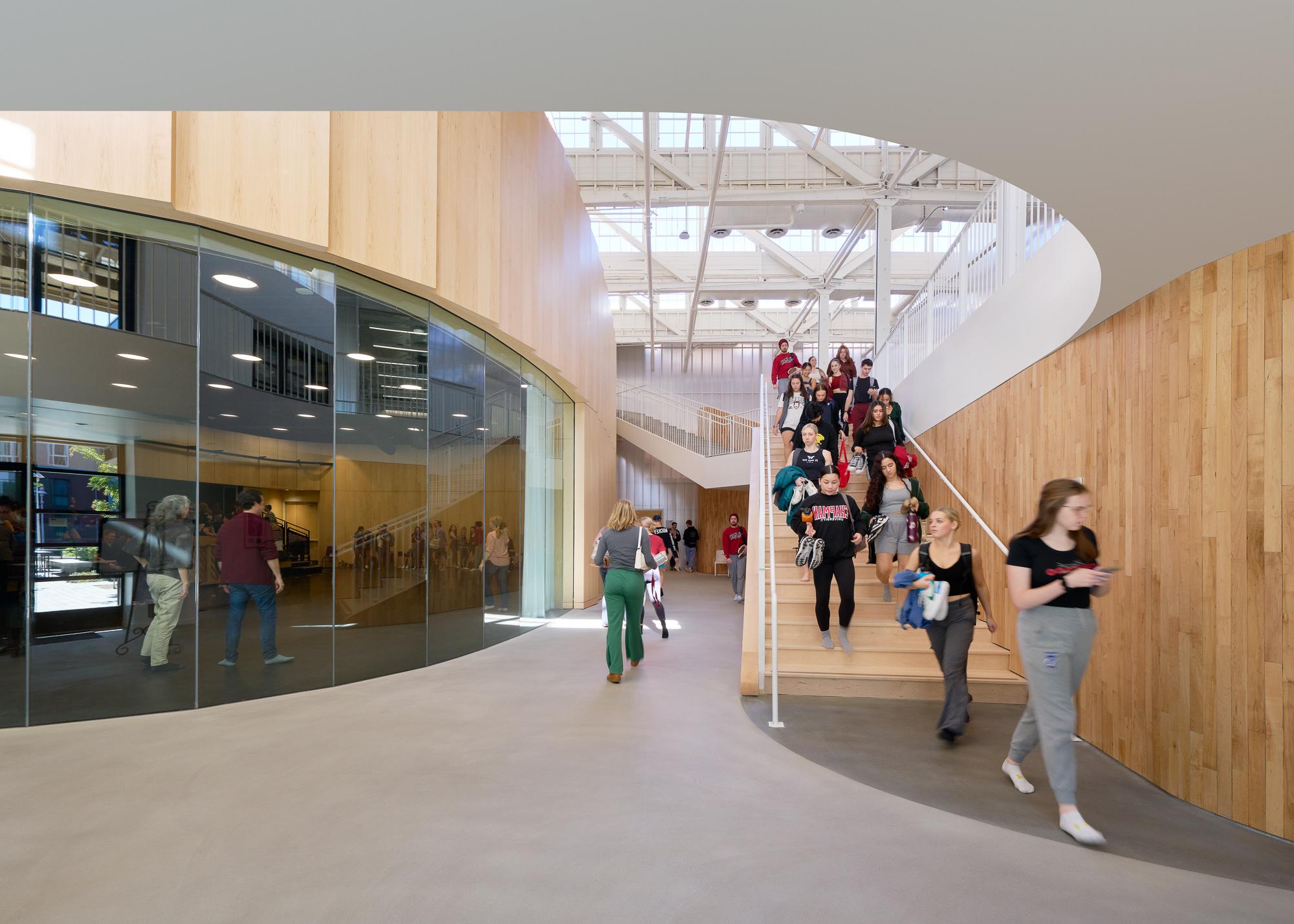 A bright, open hallway in the Sandi Simon Center for Dance.